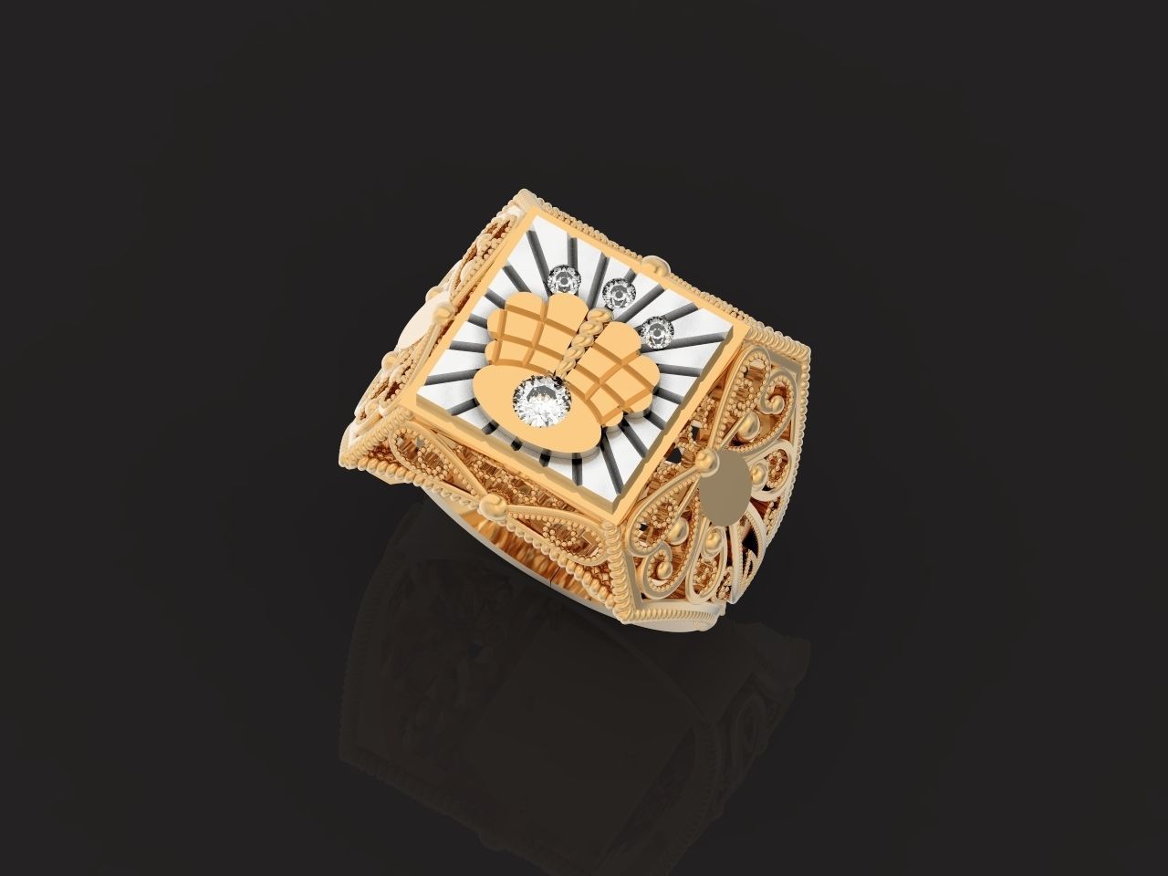 mens signet ring with a crown and patterns on the sides  901 3D print model_20
