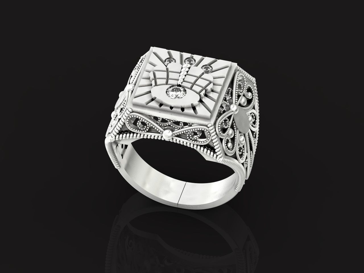 mens signet ring with a crown and patterns on the sides  901 3D print model_2
