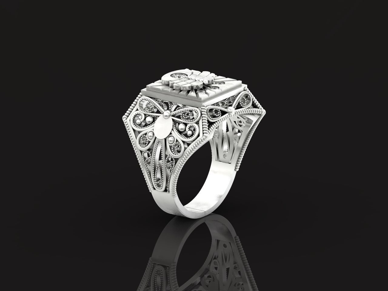 mens signet ring with a crown and patterns on the sides  901 3D print model_26