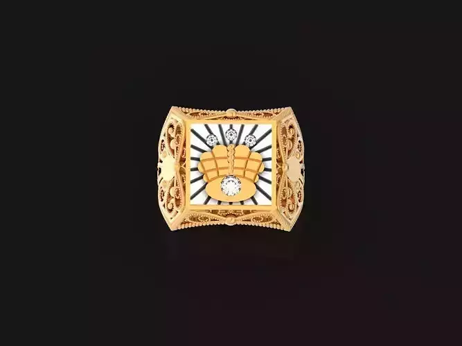 mens signet ring with a crown and patterns on the sides  901 3D print model