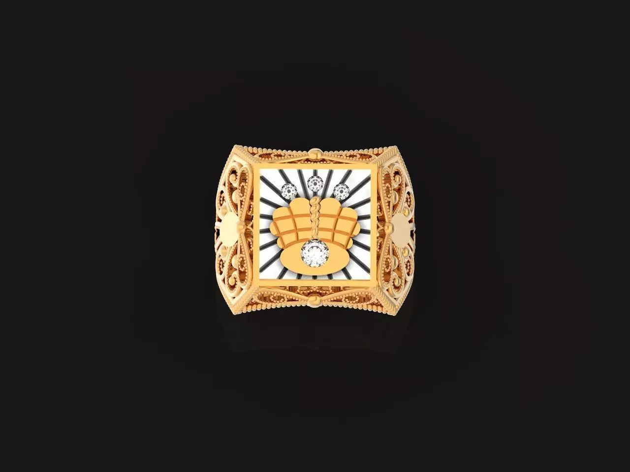 mens signet ring with a crown and patterns on the sides  901 3D print model_0
