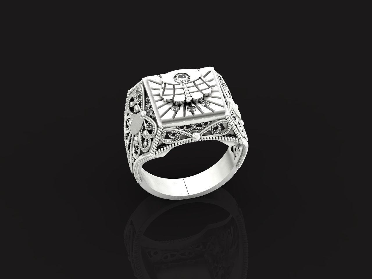mens signet ring with a crown and patterns on the sides  901 3D print model_27