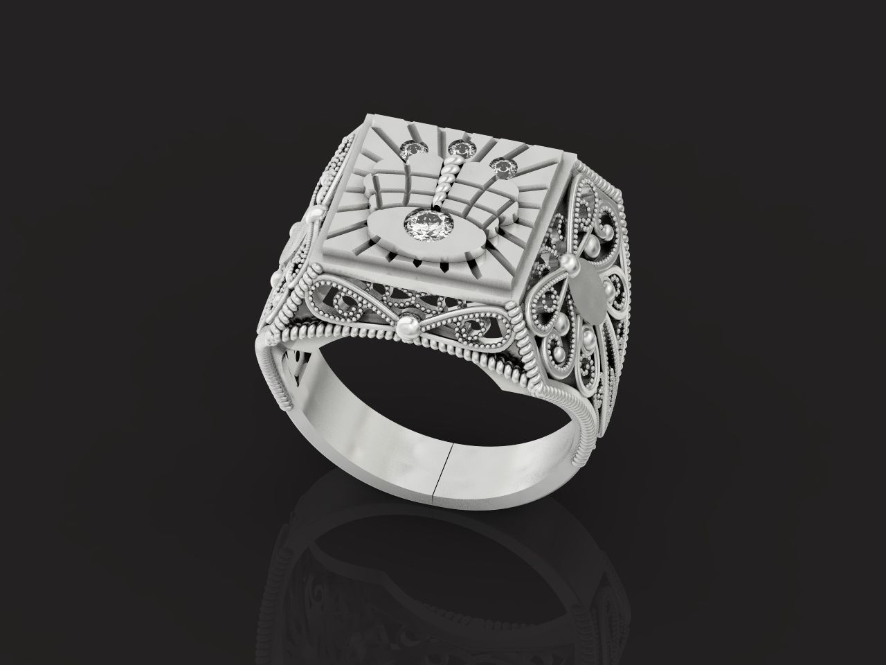 mens signet ring with a crown and patterns on the sides  901 3D print model_23