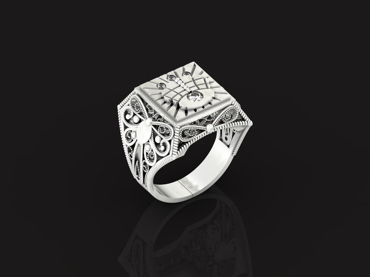 mens signet ring with a crown and patterns on the sides  901 3D print model_24