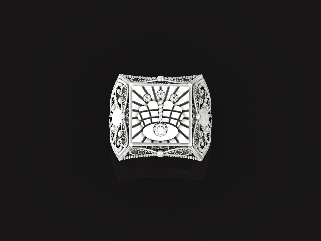 mens signet ring with a crown and patterns on the sides  901 3D print model_31