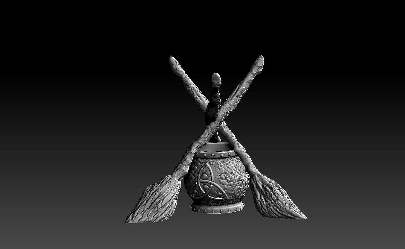 WITCHCRAFT STANDING BROOMS AND CAULDRON 3D print model_2
