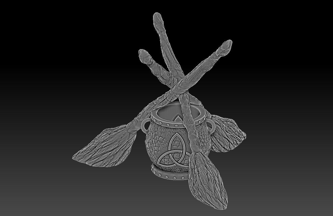 WITCHCRAFT STANDING BROOMS AND CAULDRON 3D print model_4