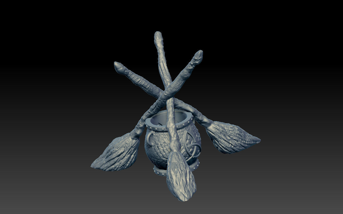 WITCHCRAFT STANDING BROOMS AND CAULDRON 3D print model_8