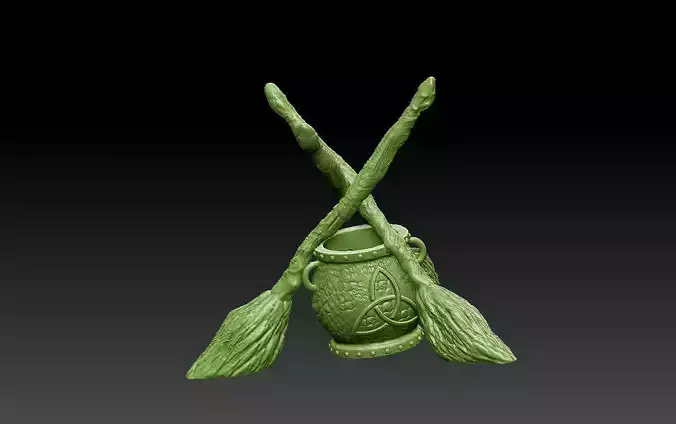 WITCHCRAFT STANDING BROOMS AND CAULDRON 3D print model