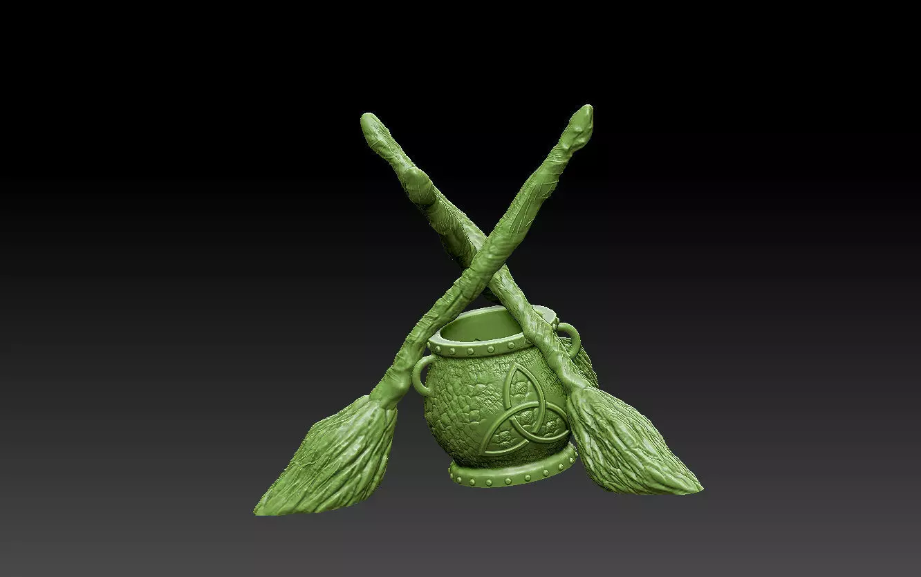 WITCHCRAFT STANDING BROOMS AND CAULDRON 3D print model_0