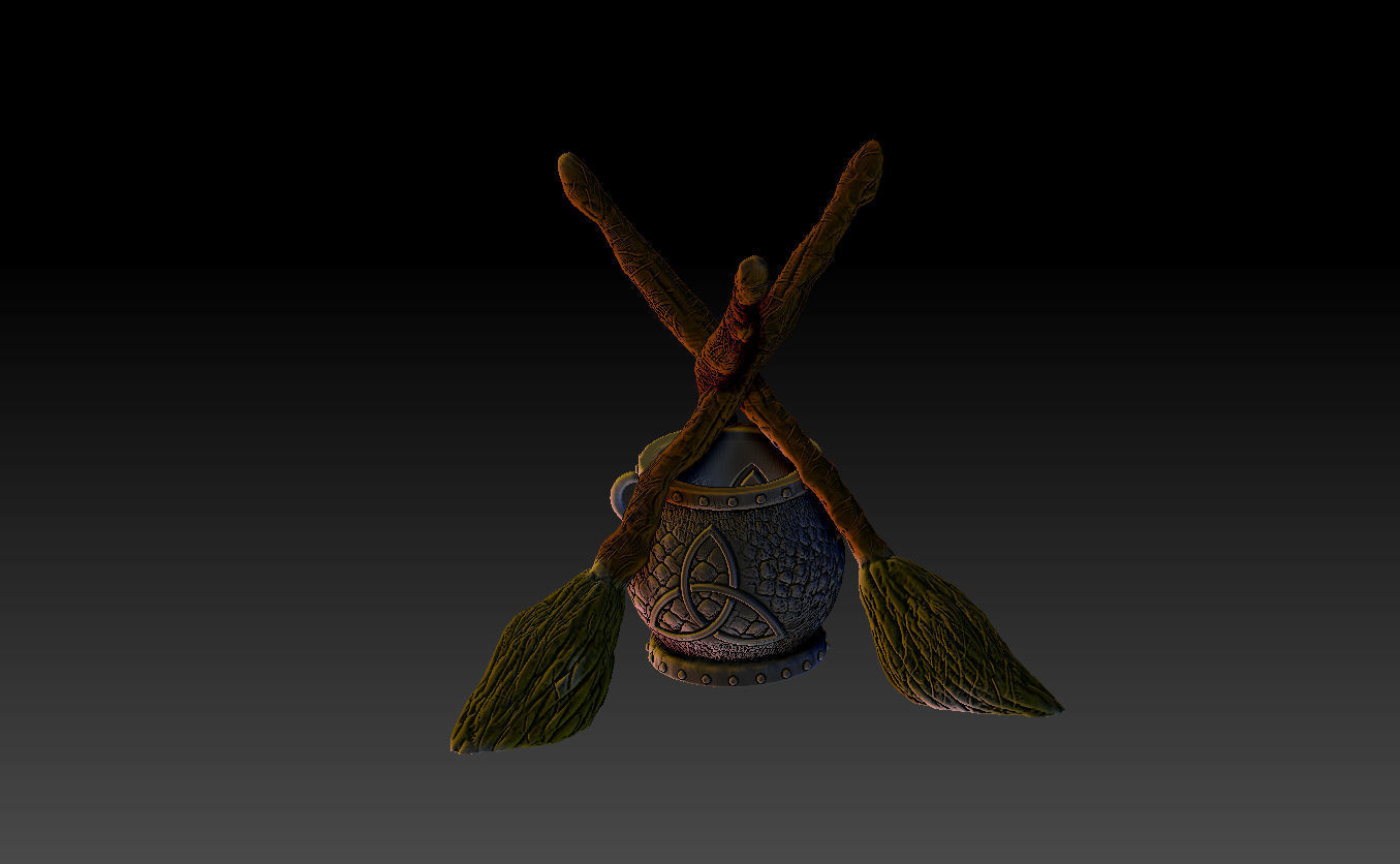 WITCHCRAFT STANDING BROOMS AND CAULDRON 3D print model_1