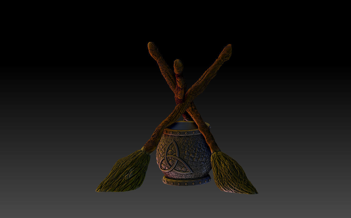WITCHCRAFT STANDING BROOMS AND CAULDRON 3D print model_5