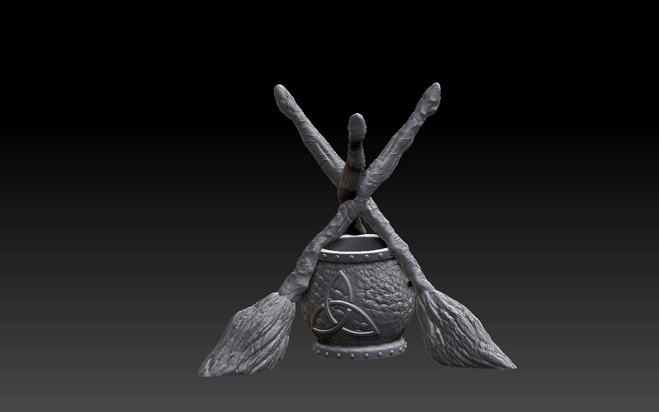 WITCHCRAFT STANDING BROOMS AND CAULDRON 3D print model_6
