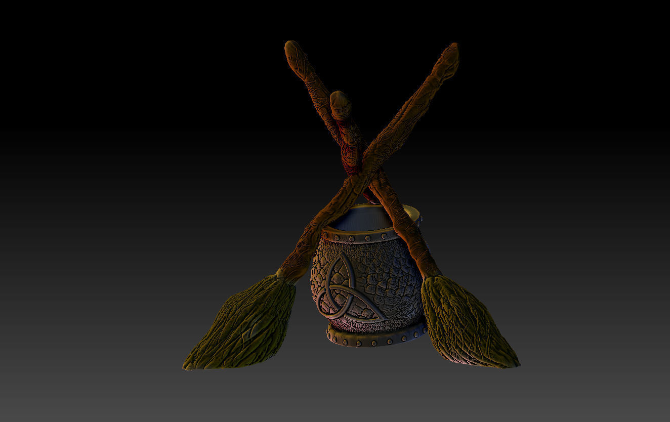 WITCHCRAFT STANDING BROOMS AND CAULDRON 3D print model_7