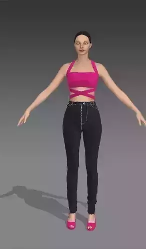 blouse pink belt cross strap and pant denim two pieces look 