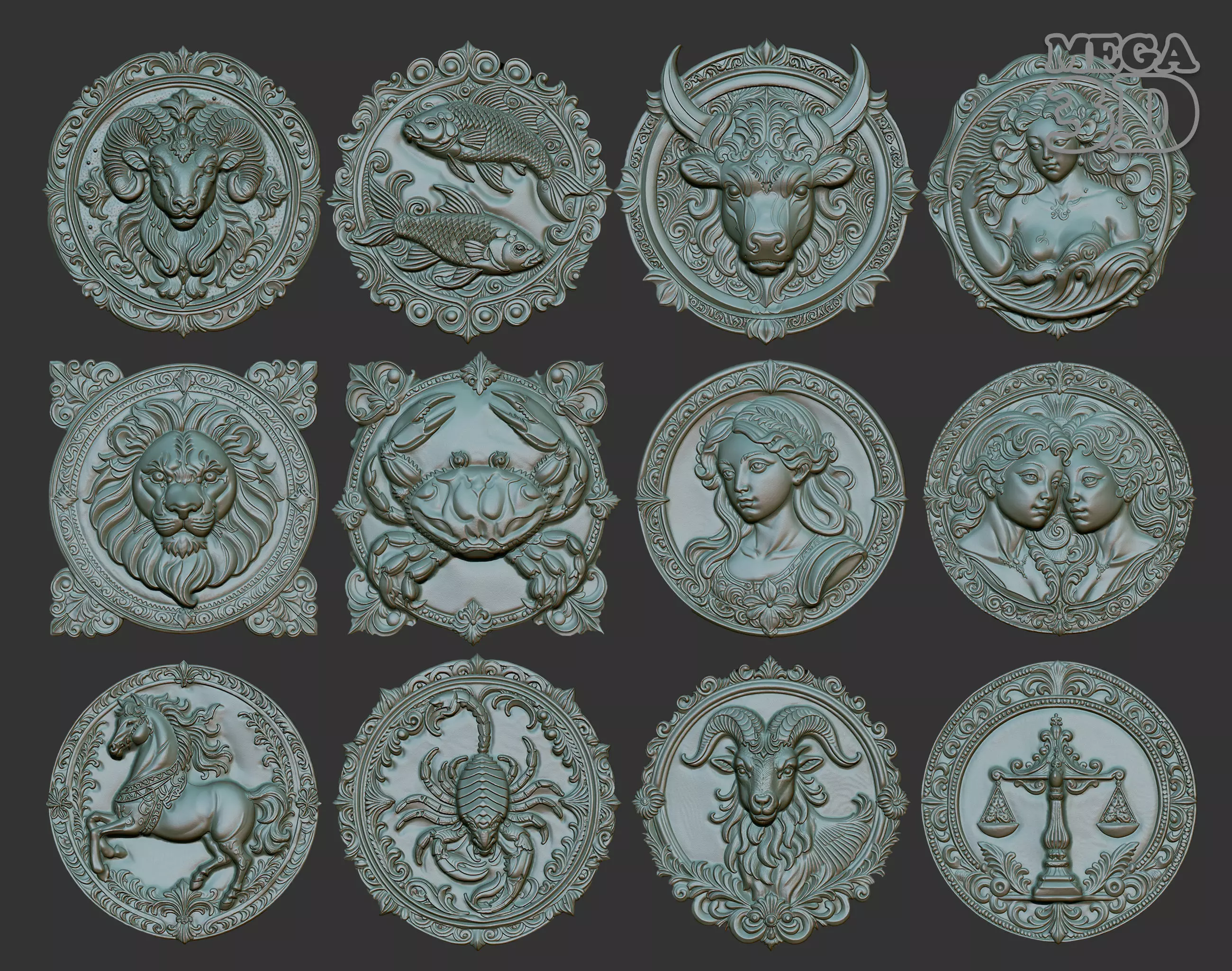 12 Zodiacl Bas Relief Pendant 230823 3D Model Collection_0