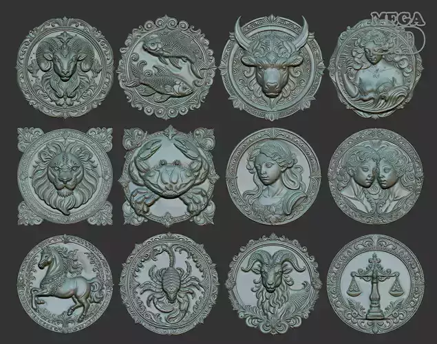 12 Zodiacl Bas Relief Pendant 230823 3D Model Collection