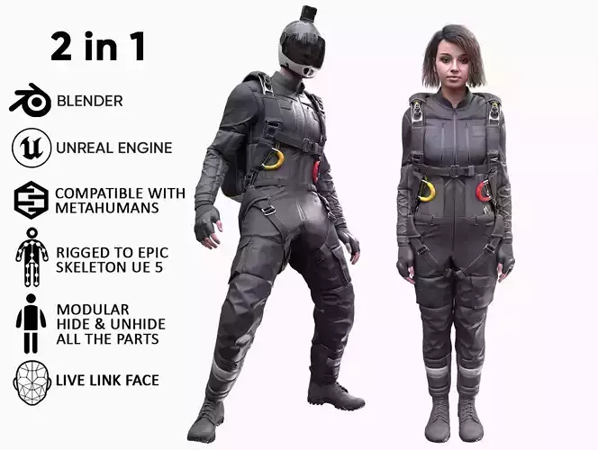Mens and Womens Skydiving Uniforms - Modular - Rigged 3D Model Collection