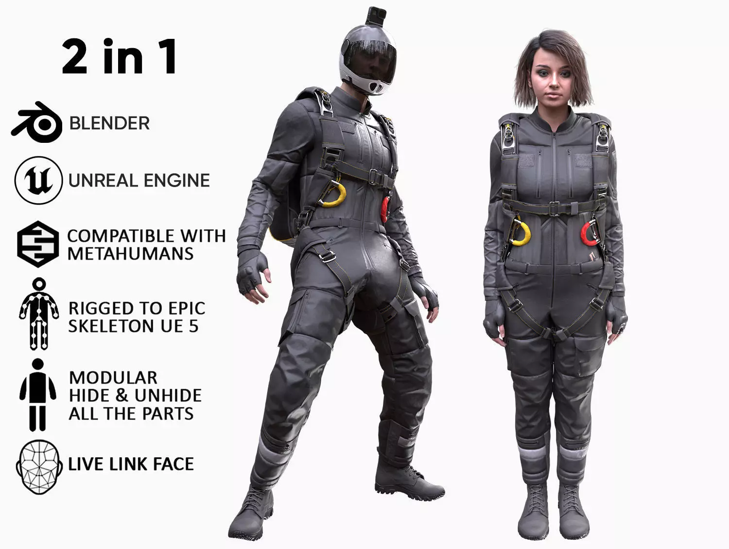 Mens and Womens Skydiving Uniforms - Modular - Rigged 3D Model Collection_0
