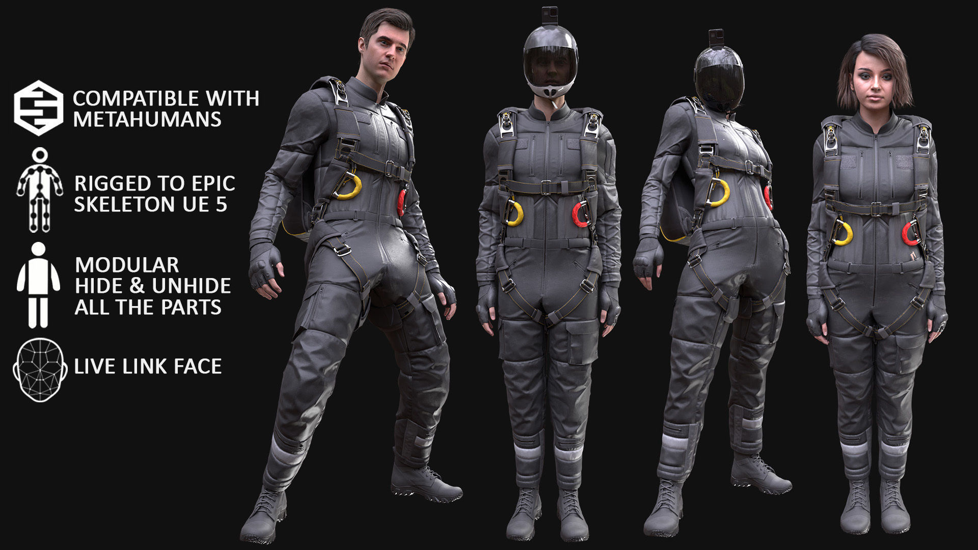 Mens and Womens Skydiving Uniforms - Modular - Rigged 3D Model Collection_4