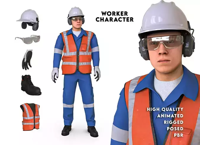 Worker Character Rigged Animated Low-poly 3D model
