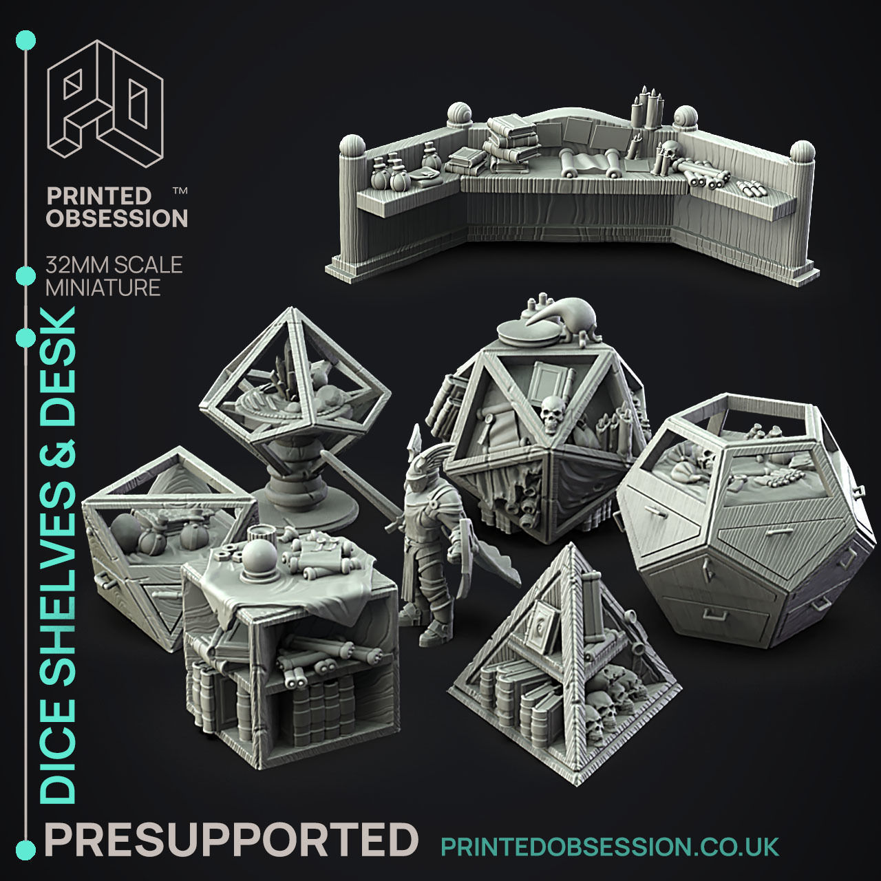 Desk and Dice Shelves - 3D Printable TTRPG - PRESUPPORTED - 32mm 3D print model_6