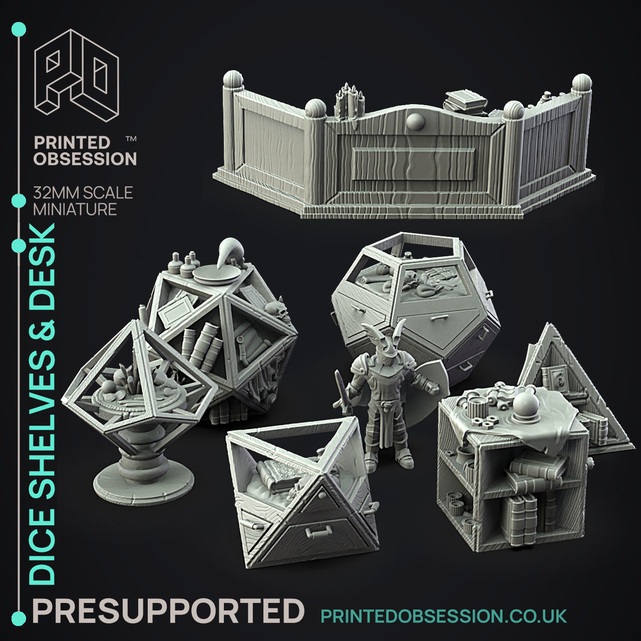Desk and Dice Shelves - 3D Printable TTRPG - PRESUPPORTED - 32mm 3D print model_4