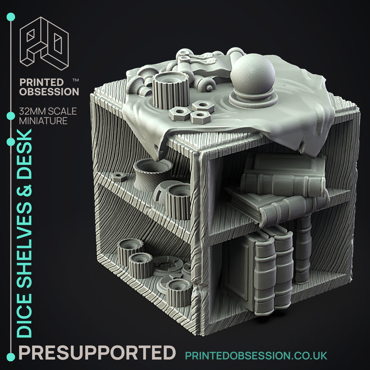 Desk and Dice Shelves - 3D Printable TTRPG - PRESUPPORTED - 32mm 3D print model_1