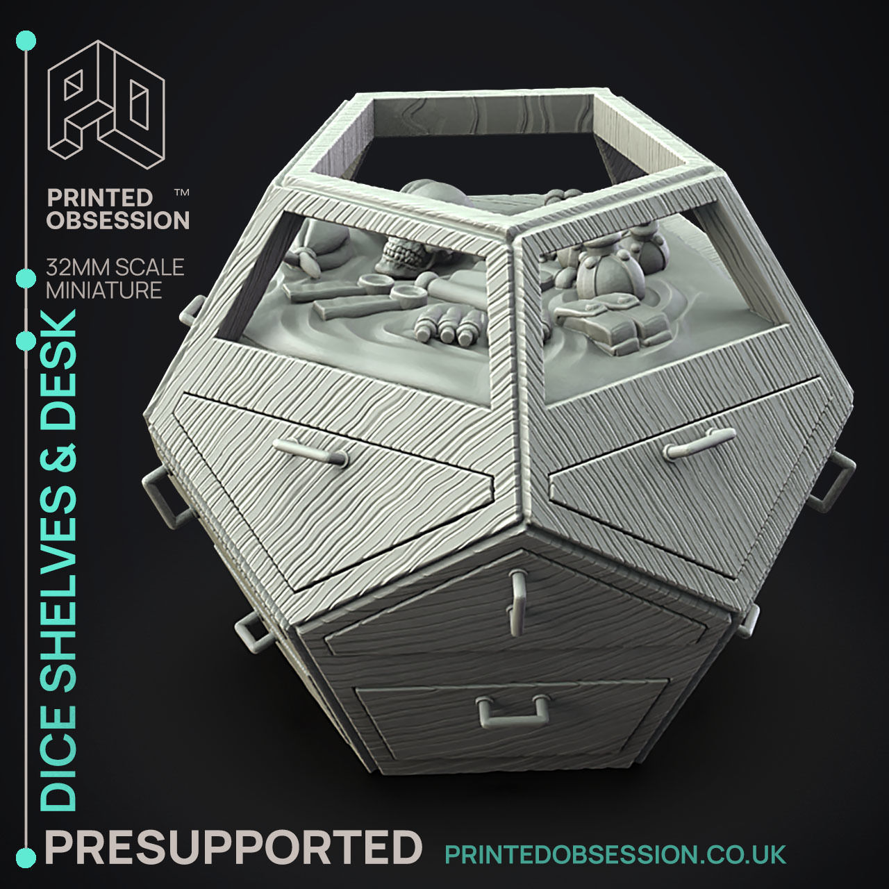 Desk and Dice Shelves - 3D Printable TTRPG - PRESUPPORTED - 32mm 3D print model_17