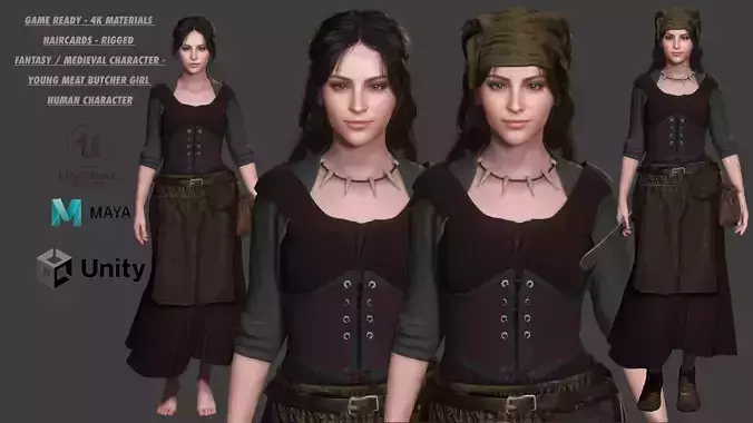 AAA 3D MEDIEVAL CHARACTER - YOUNG MEAT BUTCHER GIRL  Low-poly 3D model