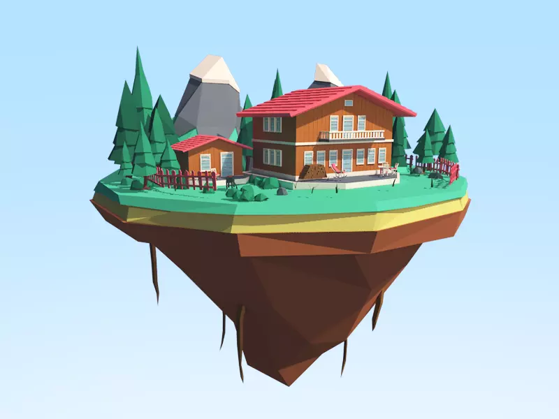 Austria Mount House Winter Illustration Island Low-poly 3D model
