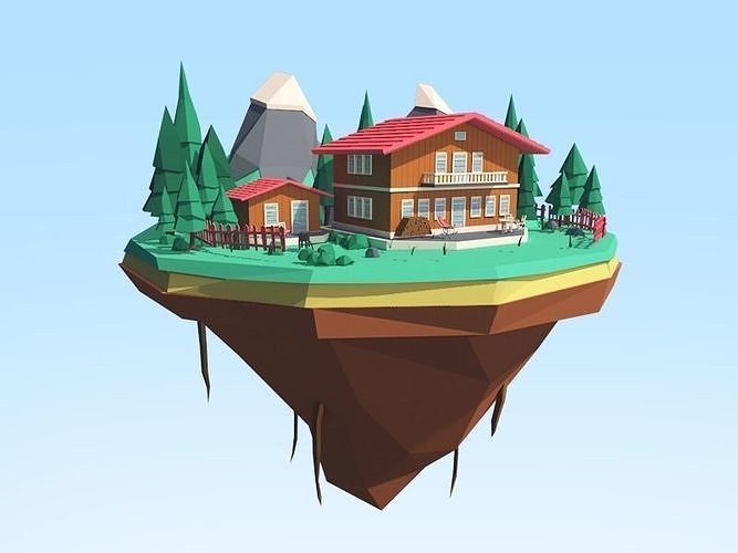 Austria Mount House Winter Illustration Island Low-poly 3D model