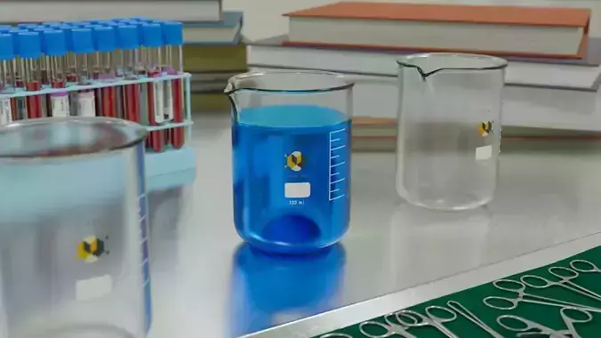 Scientific Beaker with liquid inside Full Chemistry lab Scene 3D model