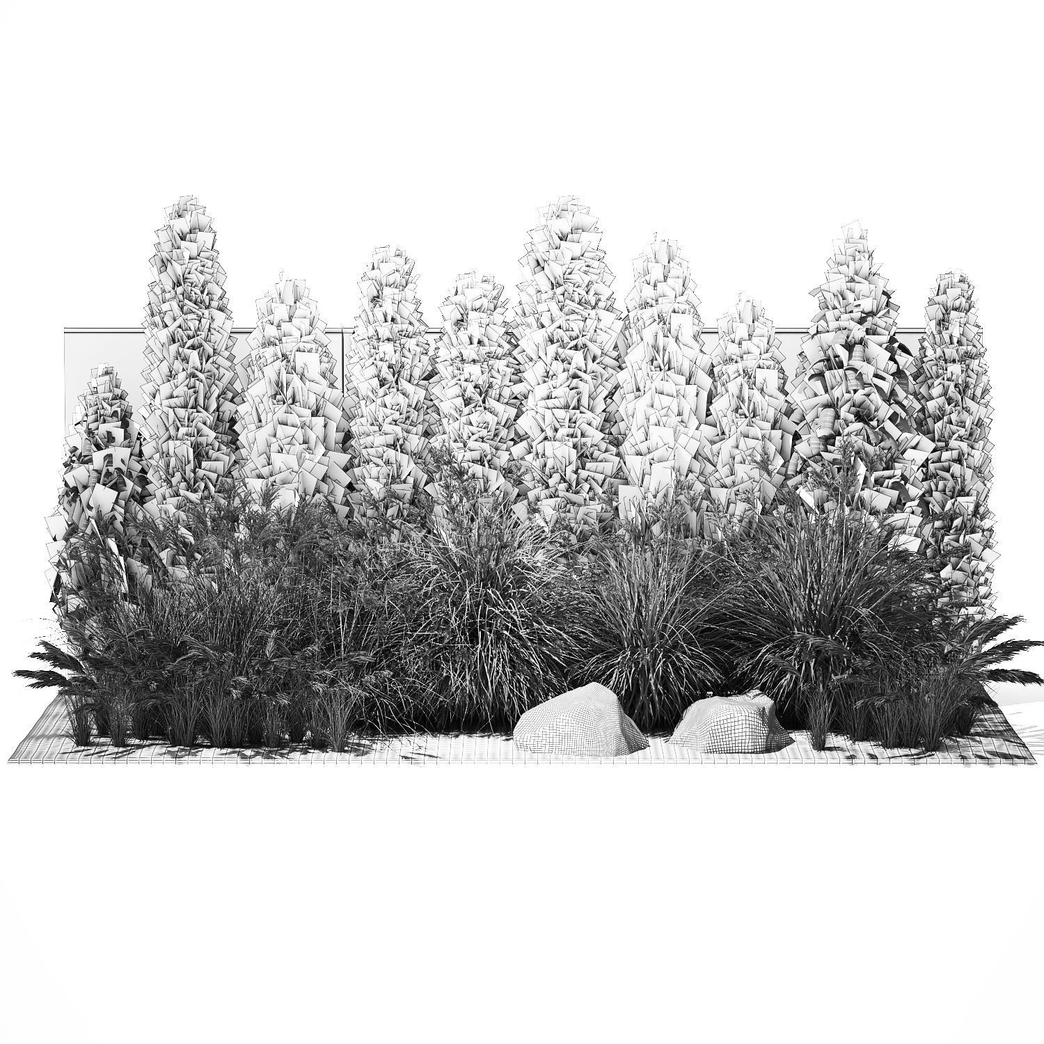 Garden with thuja cypress bushes feather grass Miscanthus grass  3D model_13