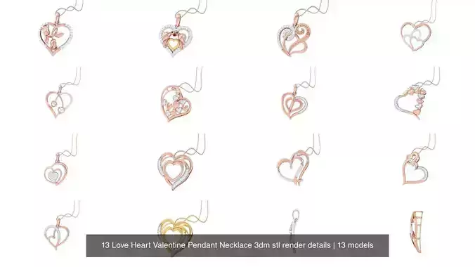 13 Love Heart Valentine Pendant Necklace 3dm stl render details 3D Model Collection