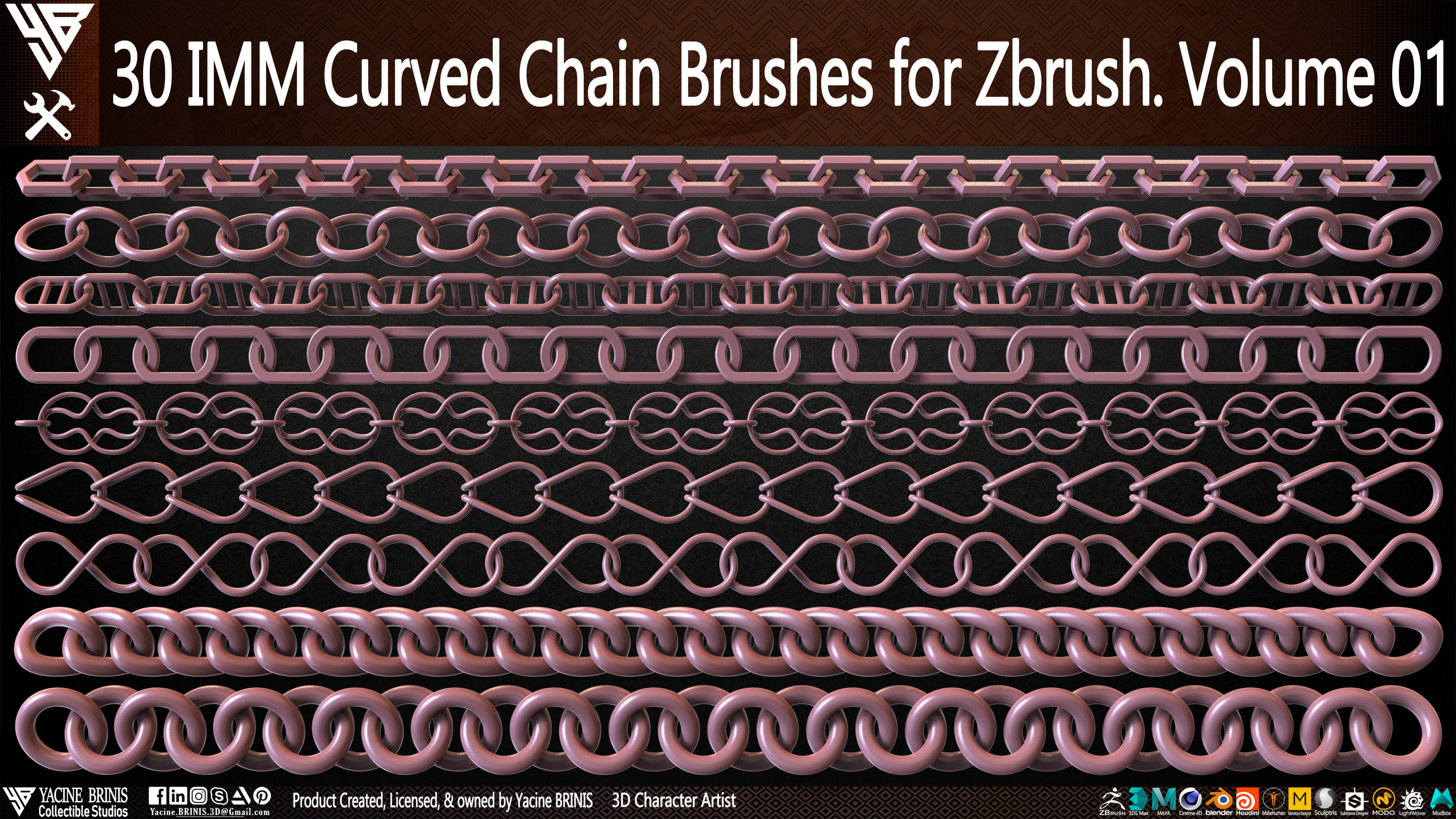30 IMM Curved Chain Brushes for ZBrush Volume 01 Low-poly 3D model_55