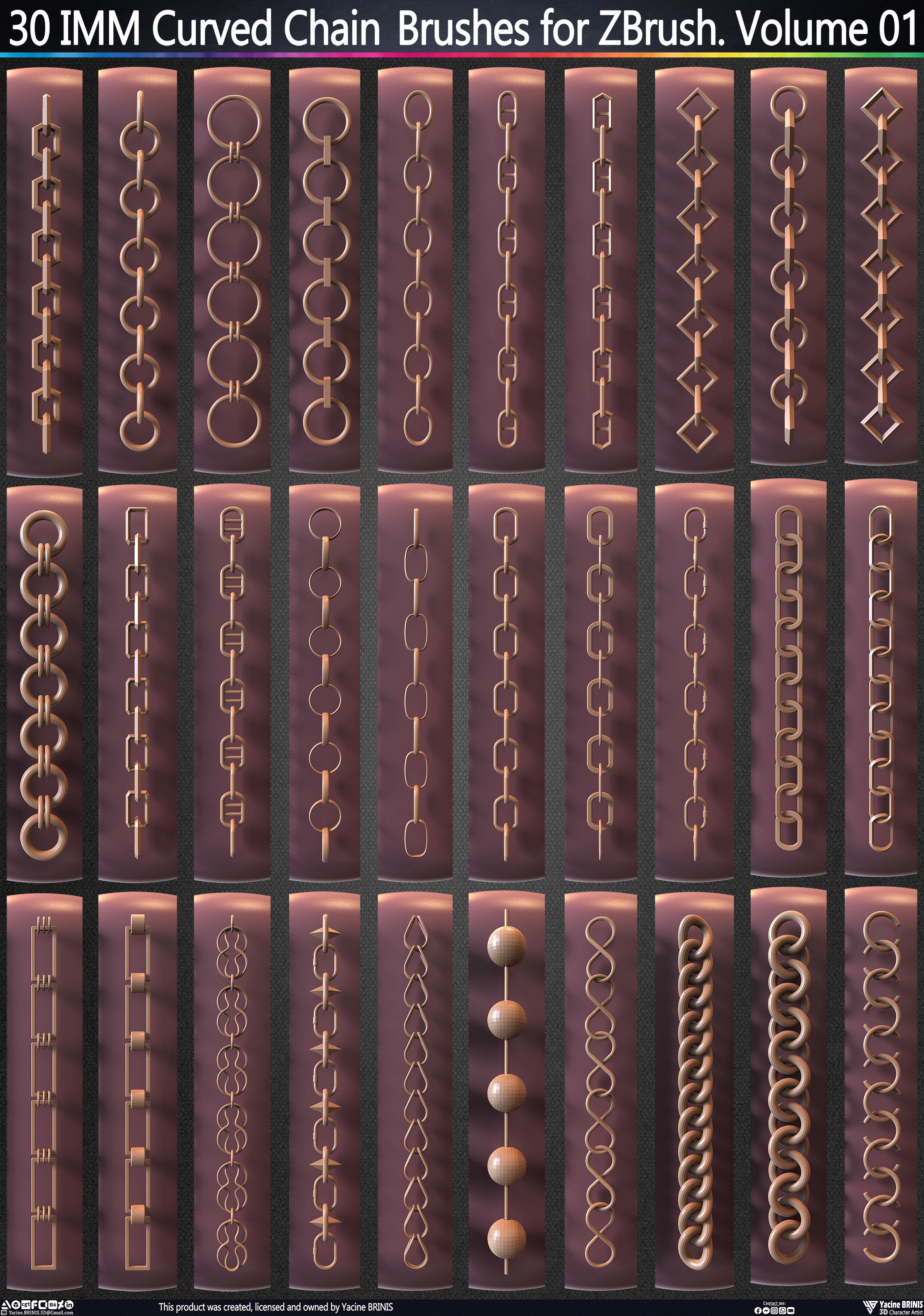 30 IMM Curved Chain Brushes for ZBrush Volume 01 Low-poly 3D model_2