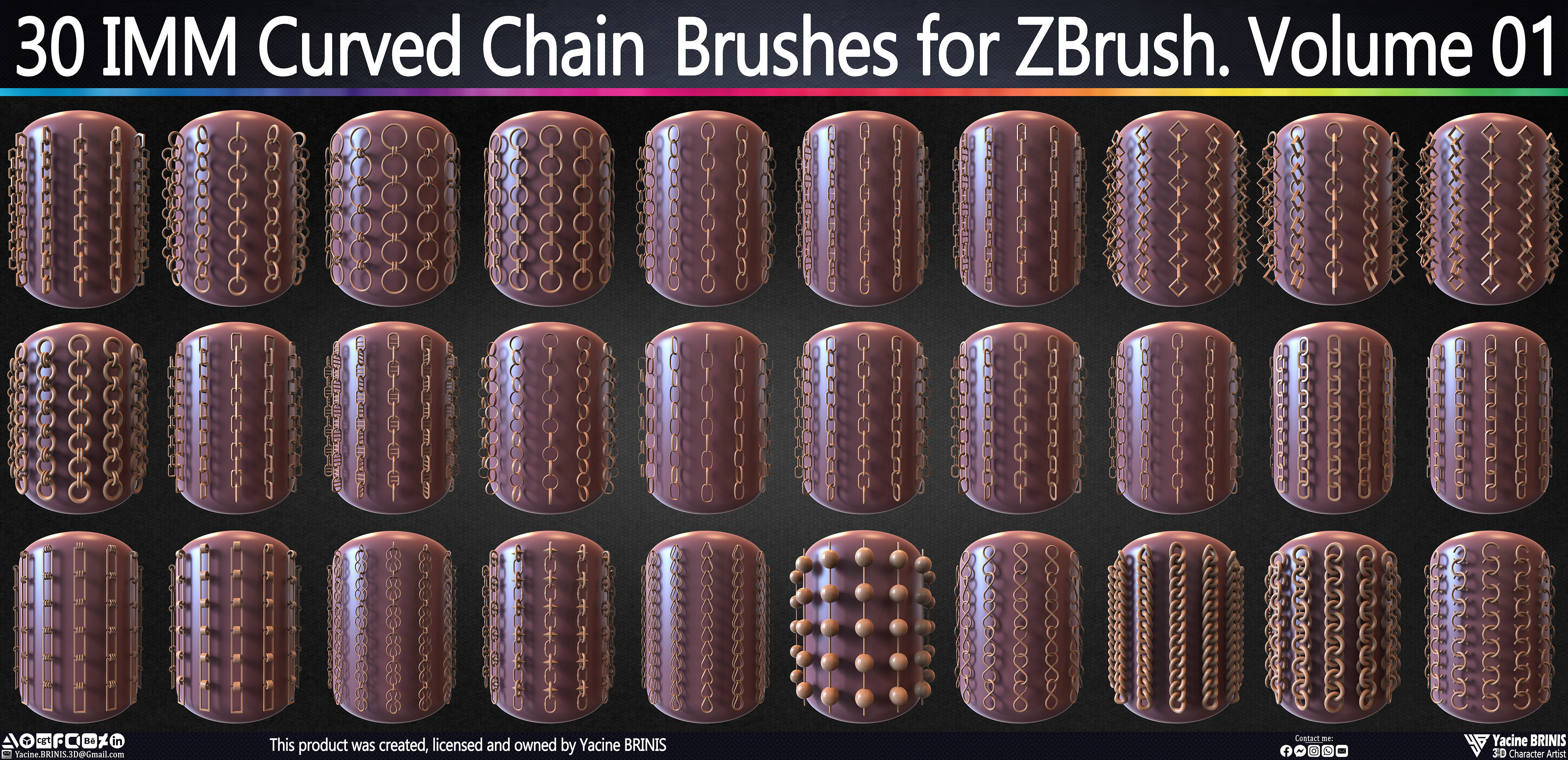 30 IMM Curved Chain Brushes for ZBrush Volume 01 Low-poly 3D model_1