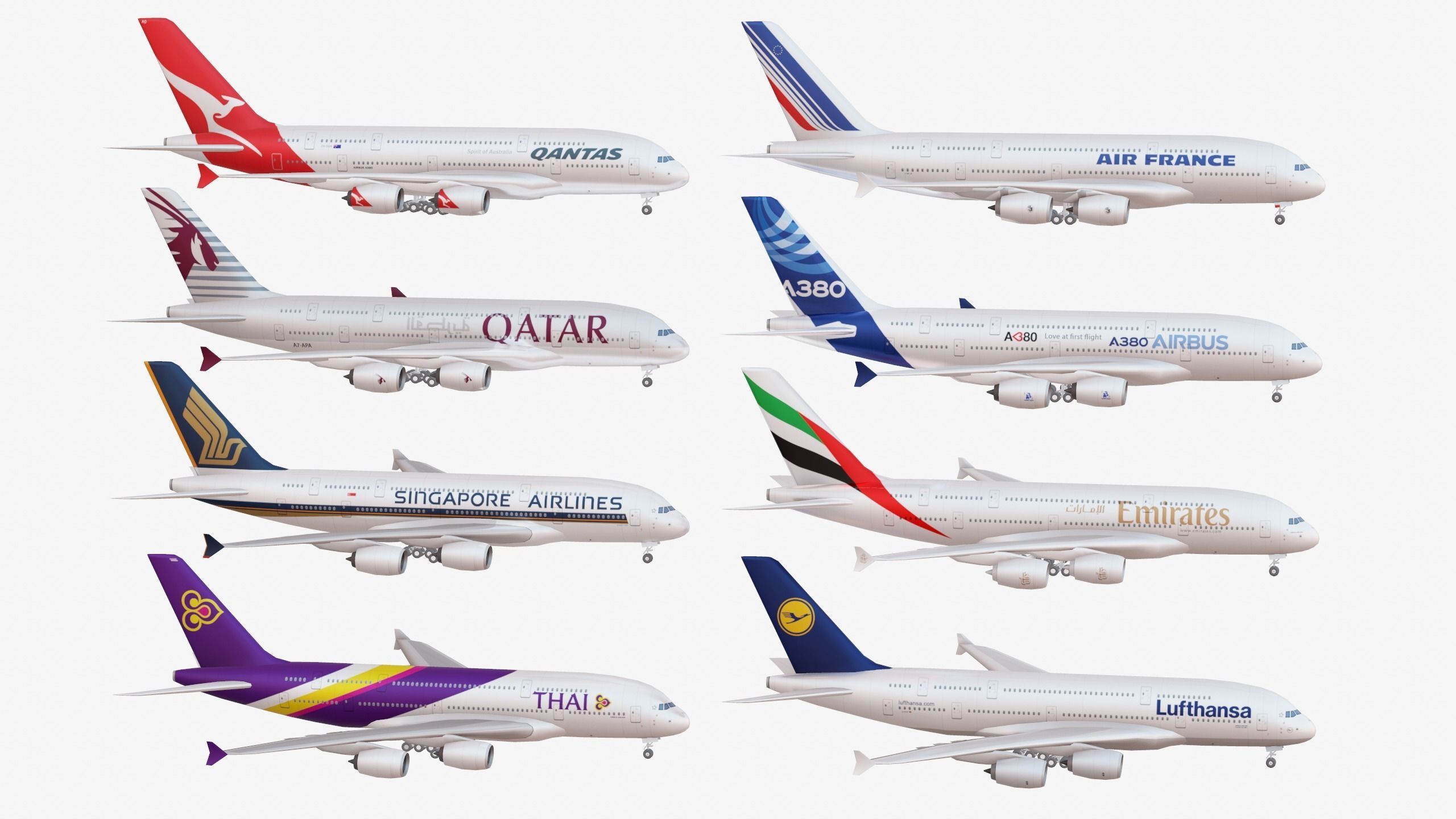 Bundle Airbus A380 pack 8 Airplanes Low-poly 3D model_1