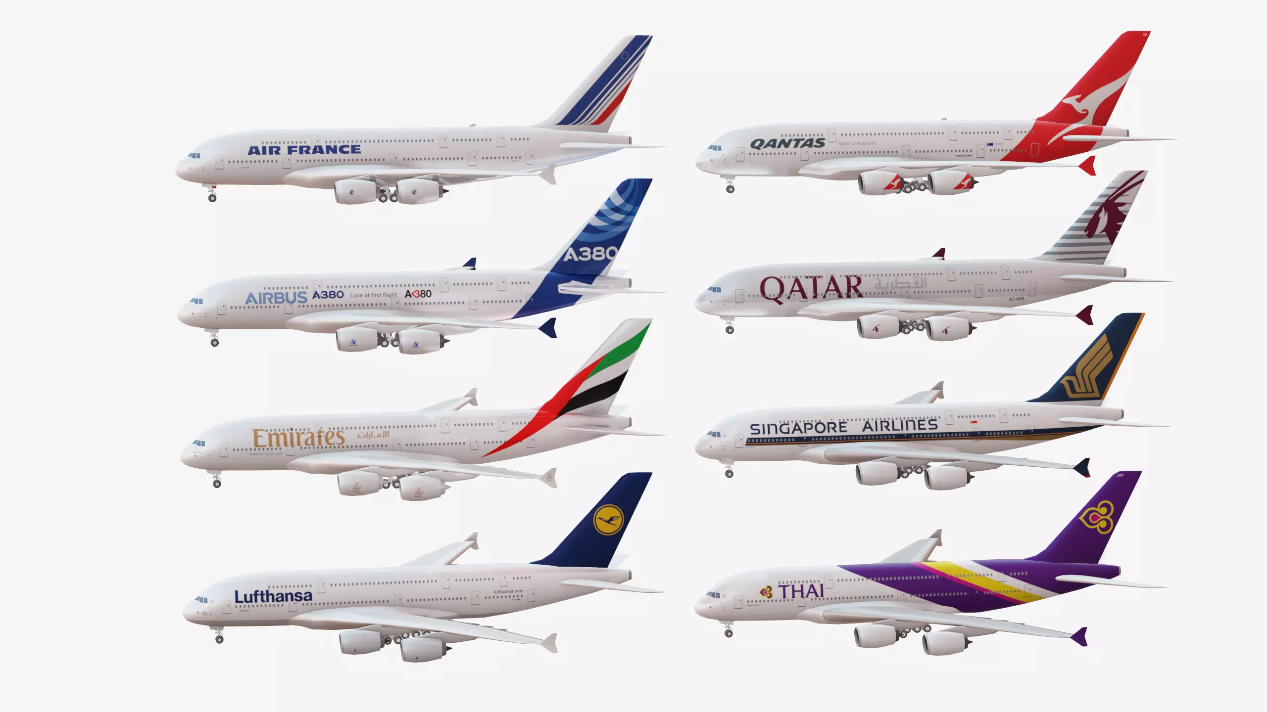Bundle Airbus A380 pack 8 Airplanes Low-poly 3D model_0
