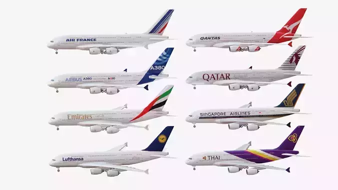 Bundle Airbus A380 pack 8 Airplanes Low-poly 3D model