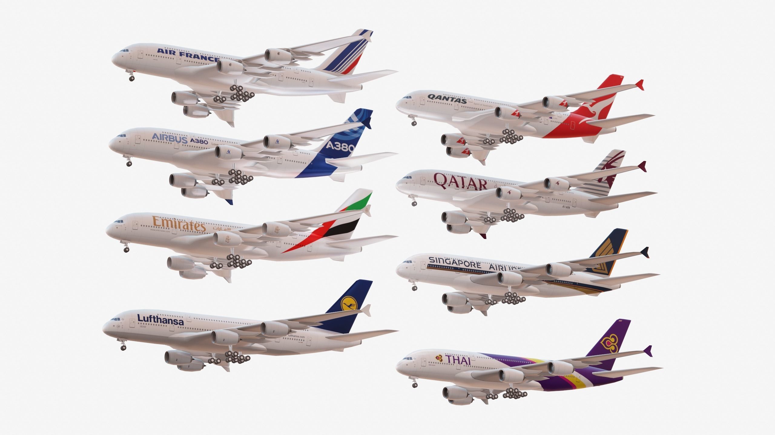 Bundle Airbus A380 pack 8 Airplanes Low-poly 3D model_4