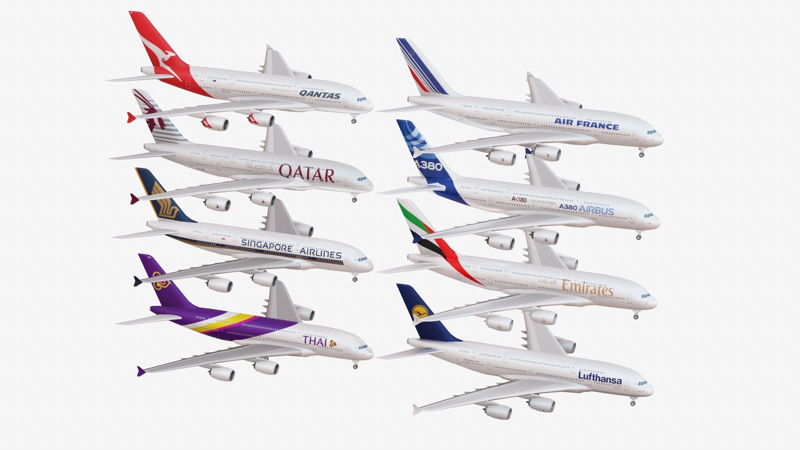 Bundle Airbus A380 pack 8 Airplanes Low-poly 3D model_2