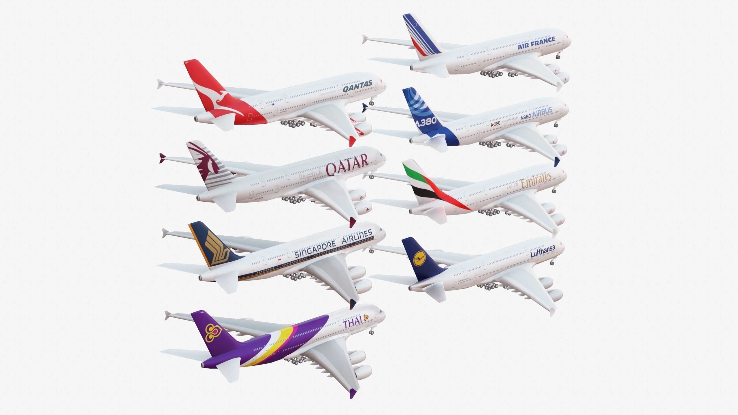 Bundle Airbus A380 pack 8 Airplanes Low-poly 3D model_3