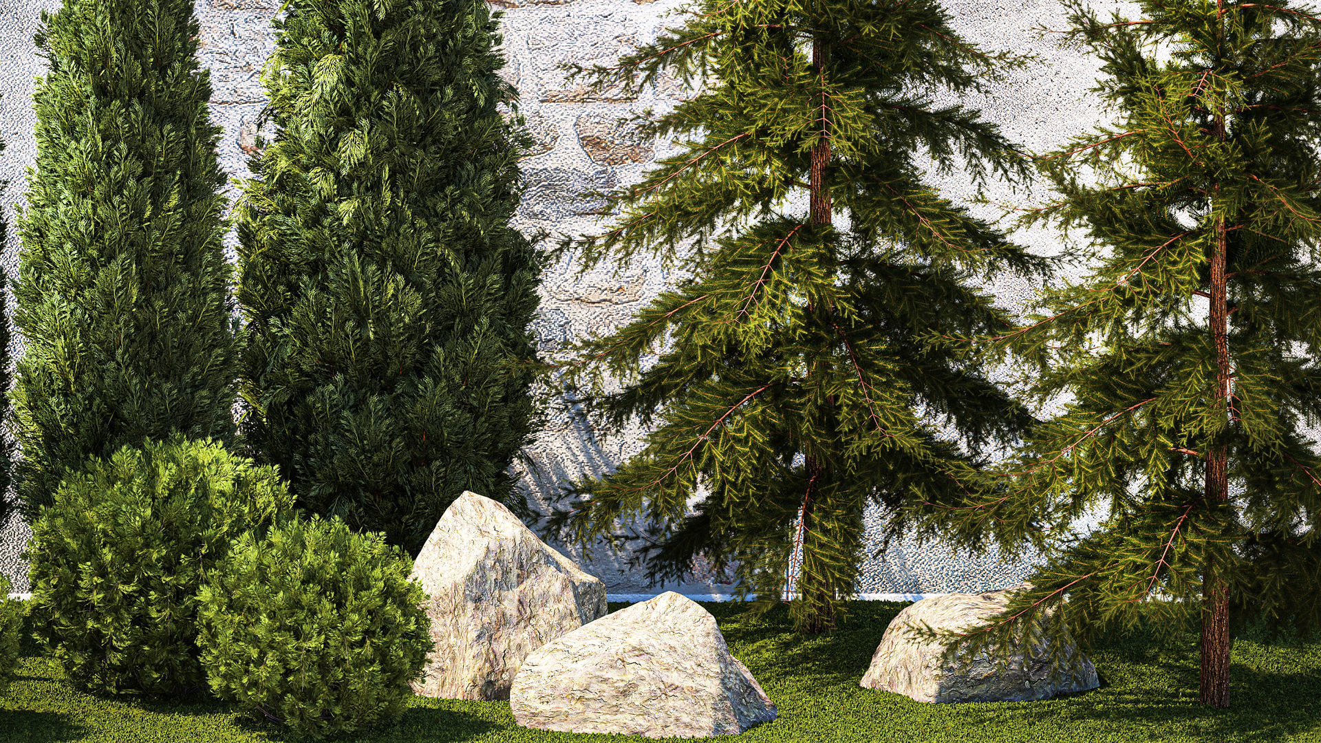 Garden with trees and bushes thuja cypress spruce and pine 1385 3D model_3
