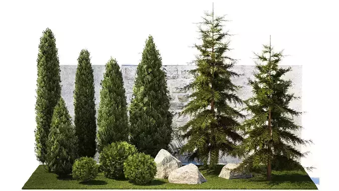 Garden with trees and bushes thuja cypress spruce and pine 1385 3D model