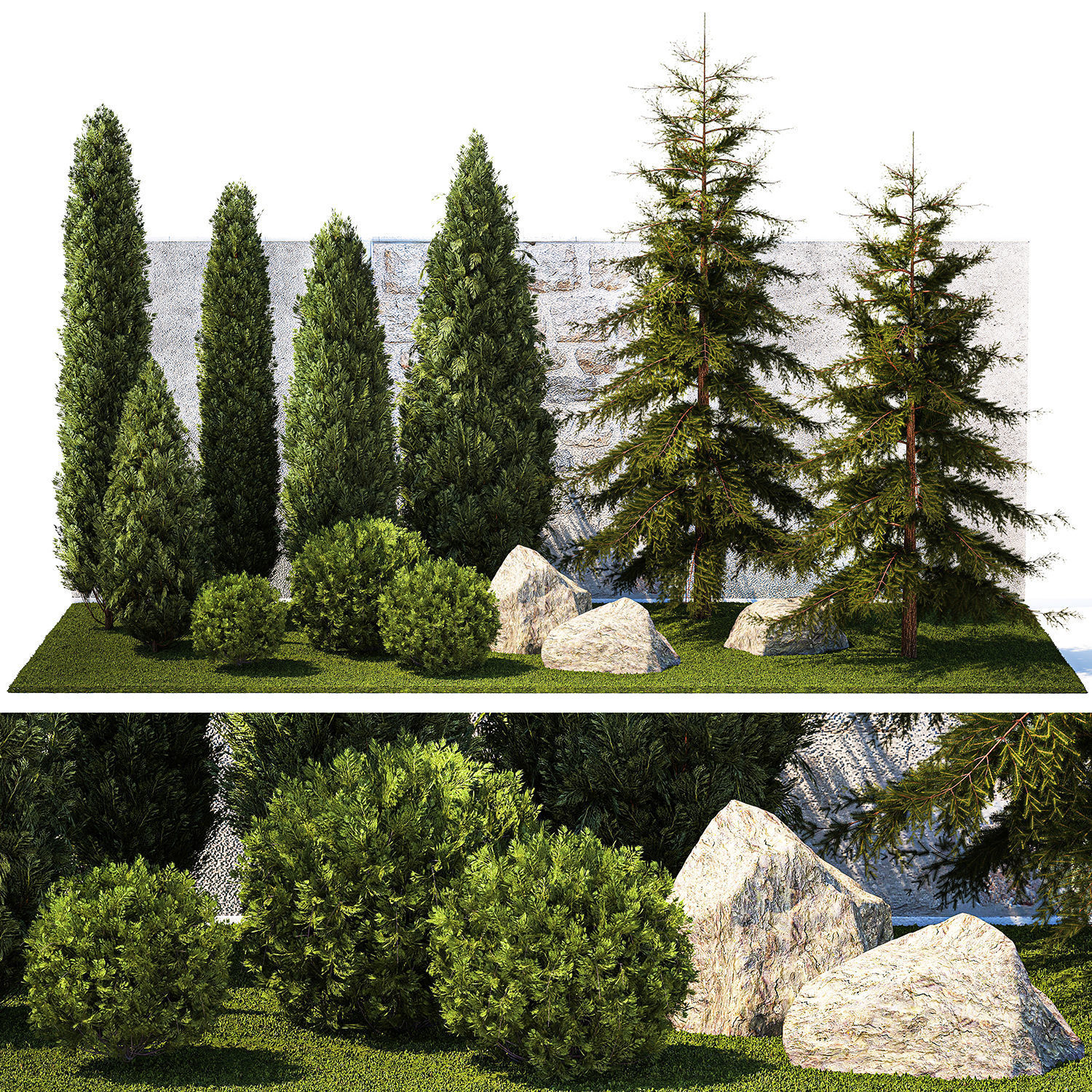 Garden with trees and bushes thuja cypress spruce and pine 1385 3D model_6