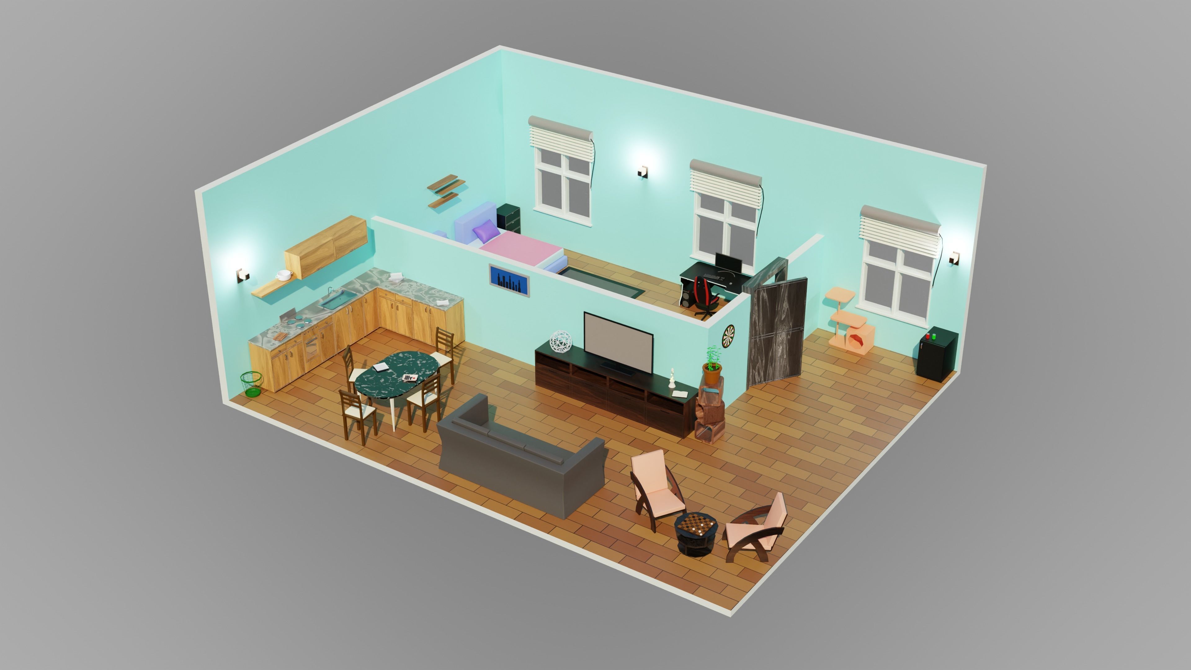 Home Interior Rooms with furniture Furniture pack Low-poly 3D model_8