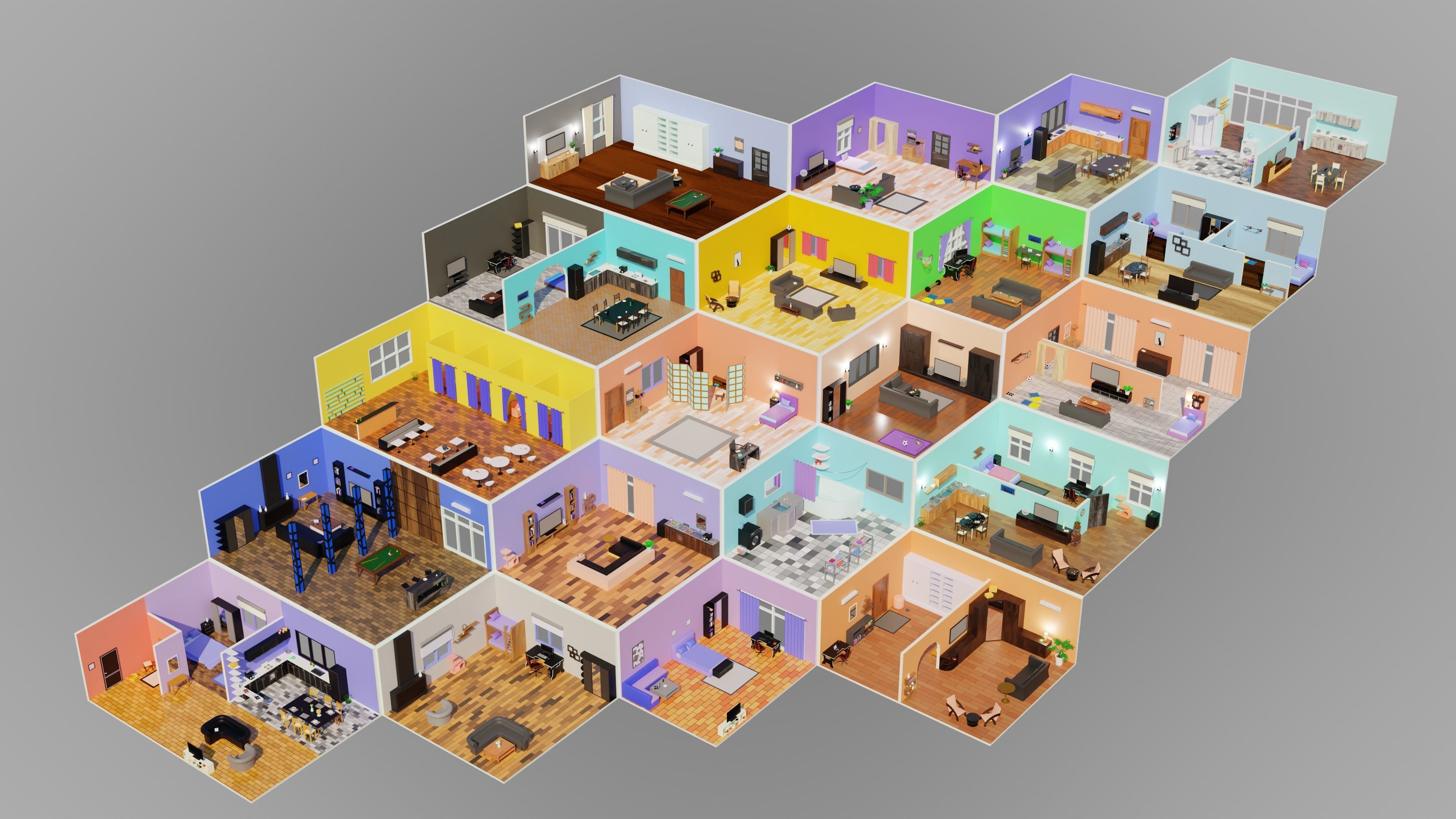 Home Interior Rooms with furniture Furniture pack Low-poly 3D model_1