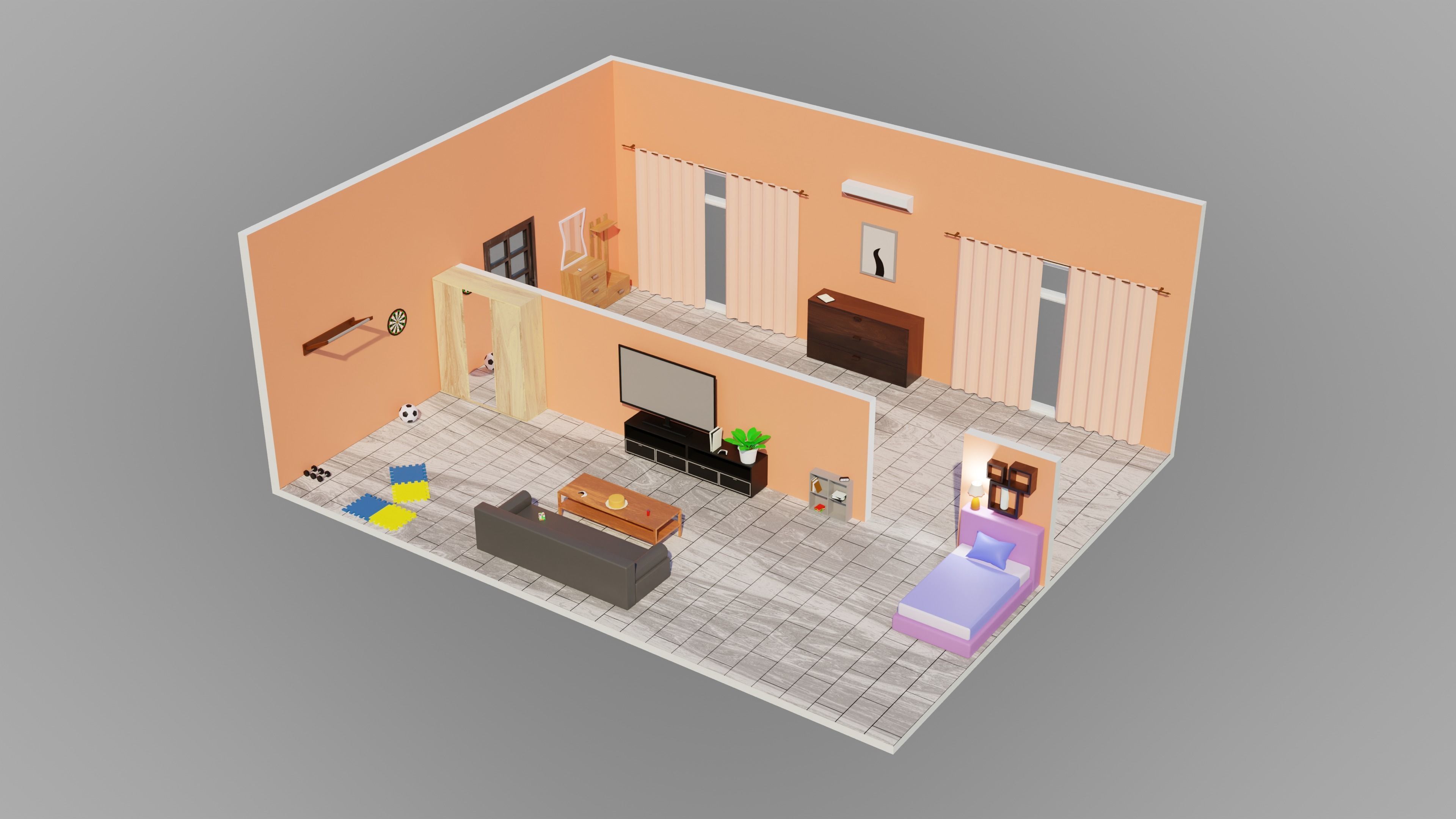 Home Interior Rooms with furniture Furniture pack Low-poly 3D model_9